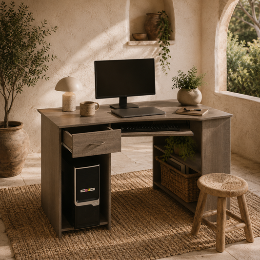 Nifi 120cm Wooden Grey L Shaped Corner Desk With Keyboard Tray Drawers And Shelving