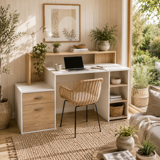 Niledi 137cm Wooden Oak Large Office Desk With Shelves Drawers And Printer Stand