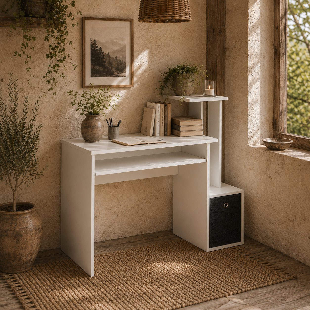 Tono 100cm Wooden White Home Office Desk With Sliding Keyboard Tray Drawer And Shelving