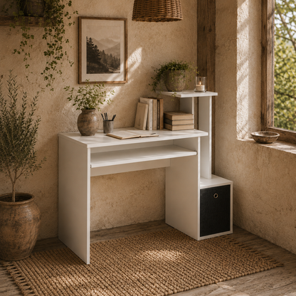 Tono 100cm Wooden White Home Office Desk With Sliding Keyboard Tray Drawer And Shelving