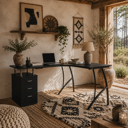 Keba 143cm Metal Black Industrial L Shaped Desk With Storage Drawer