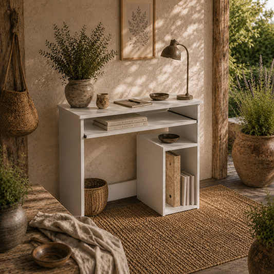 Rolu 100cm Wooden White Compact Corner Desk With Keyboard Tray And Storage Shelves
