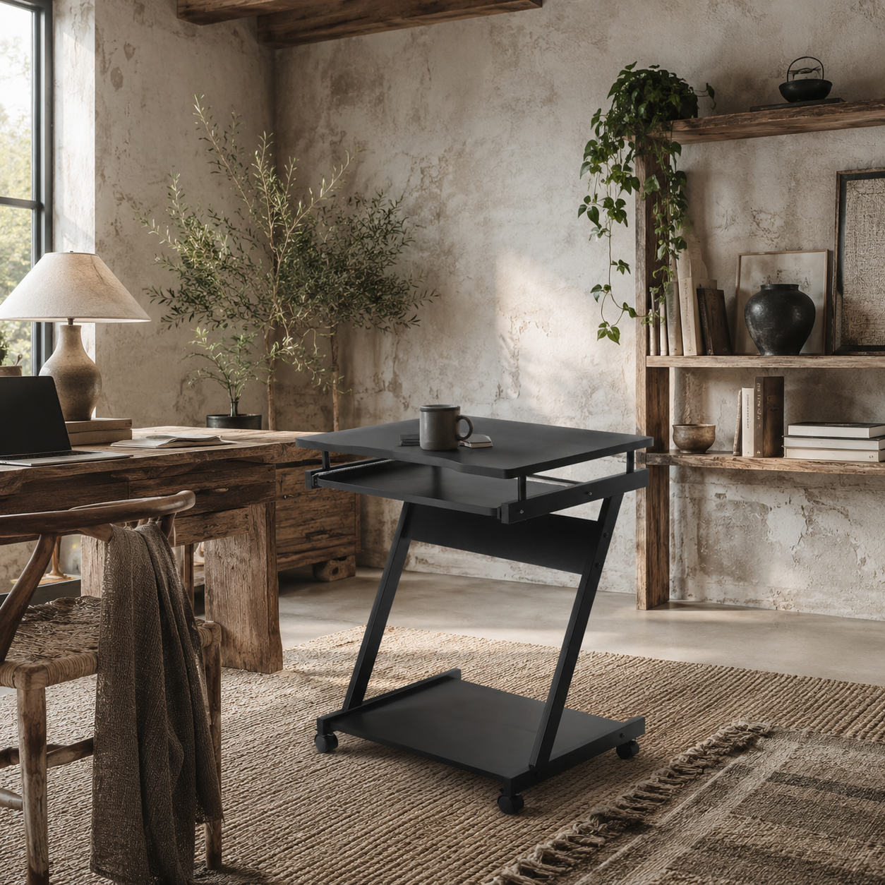 Kamo Wooden Black Mobile Desk With Castor Wheels And Sliding Keyboard Tray