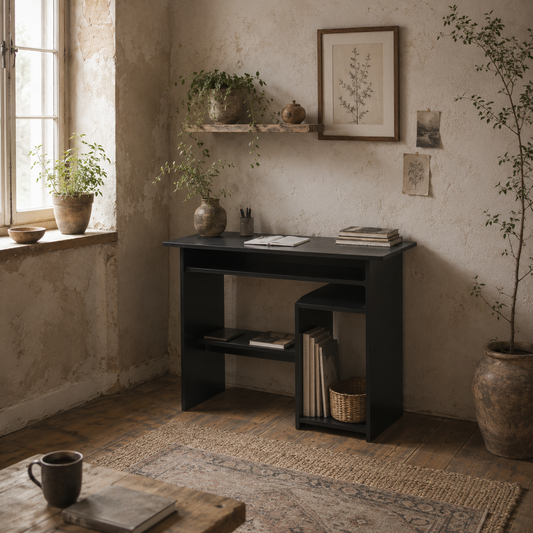 Moke 80cm Wooden Black Compact Corner Desk With Keyboard Tray And Storage Shelves