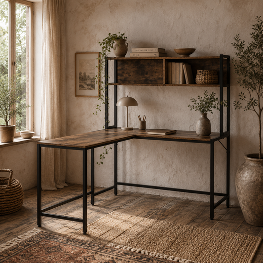 Monoba 140cm Mani Metal And Wooden Brown Industrial L Shaped Desk With Bookshelf