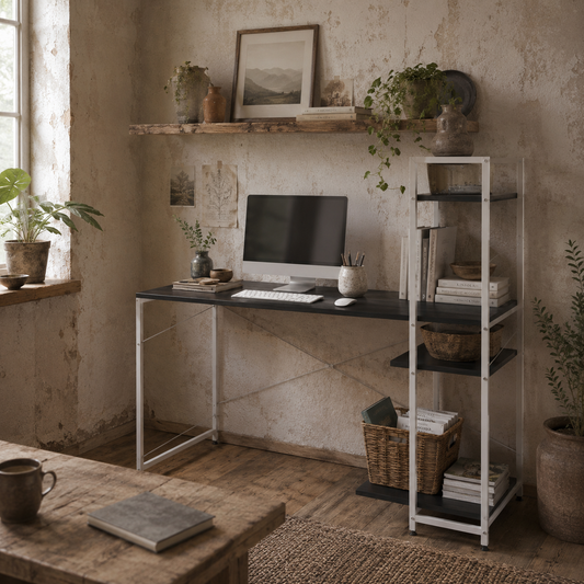 Kecodo 120cm Metal And Wooden Black And White Reversible Industrial Desk With Side Shelving