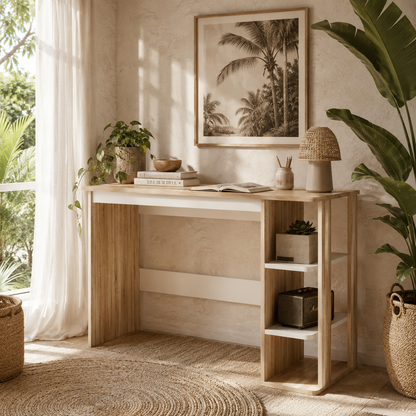 Halama 100cm Wooden Oak And White Writing Desk With 3 Tier Storage Shelving
