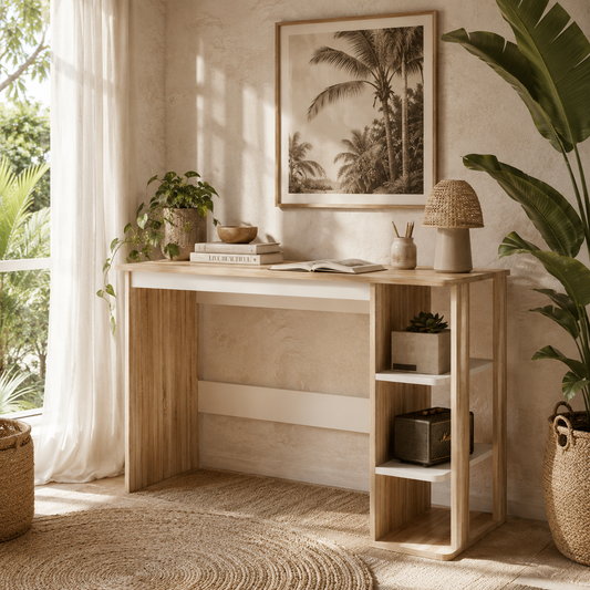 Halama 100cm Wooden Oak And White Writing Desk With 3 Tier Storage Shelving