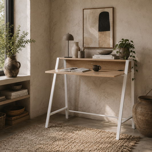 Dodosu 84cm Wooden White And Oak Compact Writing Desk With Storage Shelf