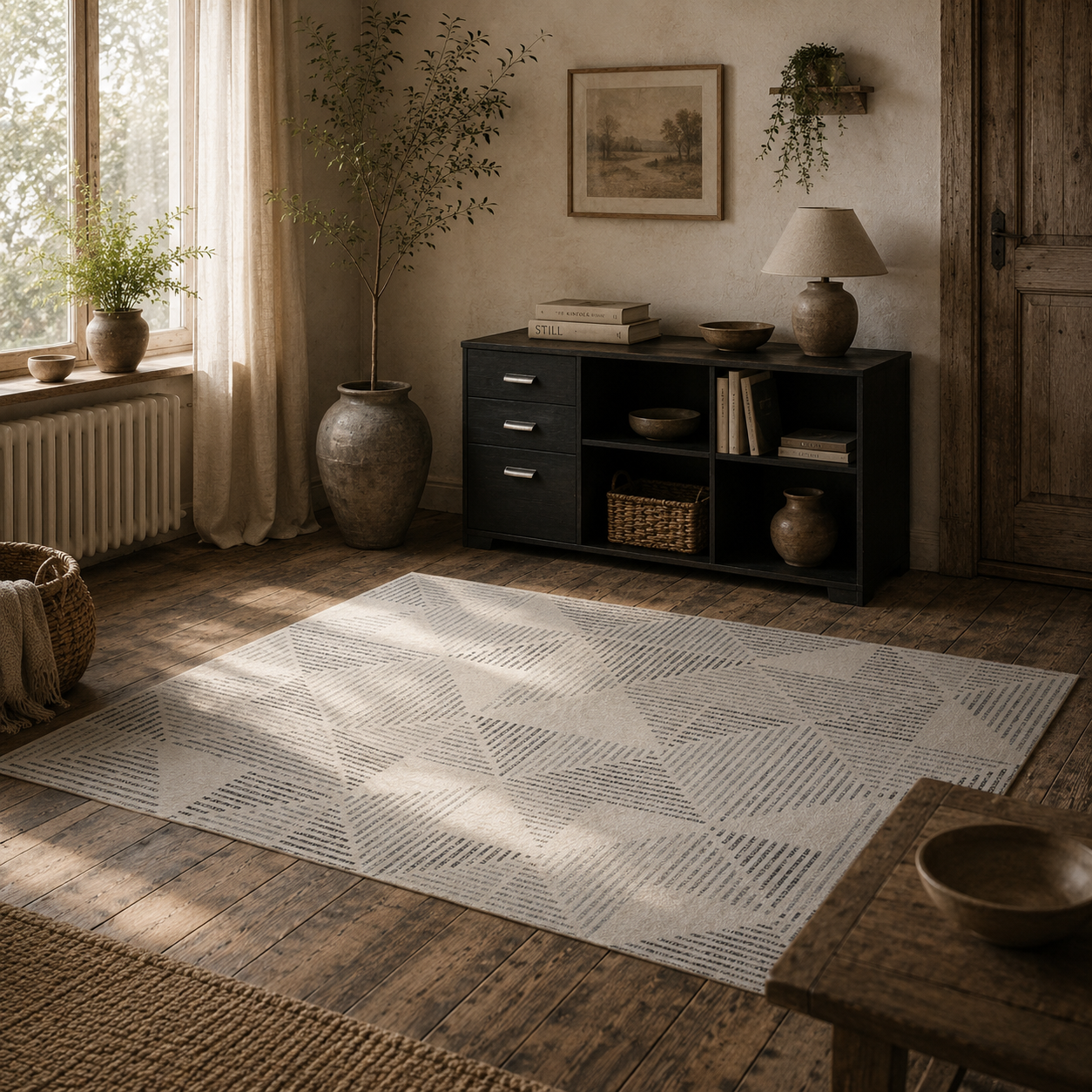 Nokado Polyester Grey Geometric Non Slip Washable Rug 230 x 160 cm