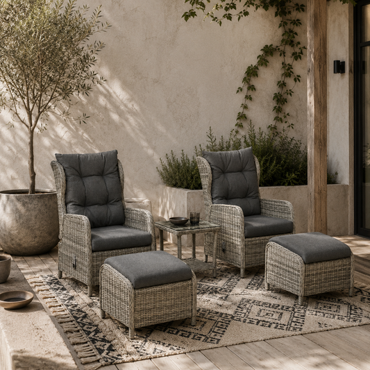 Lusuva Faux Rattan Grey 5 Piece Reclining Bistro Set With Footstools Cushions And Glass Table