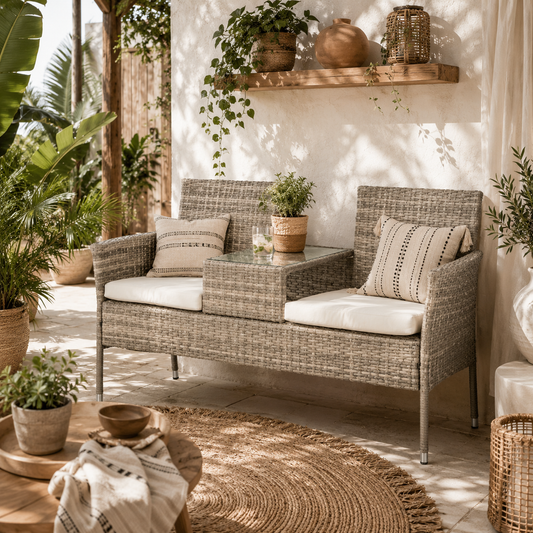 Hamoba Faux Rattan Grey 2 Seat Garden Chair With Integrated Centre Table