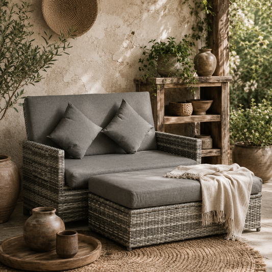 Elco Faux Rattan Mixed Grey Double Outdoor Daybed With Adjustable Back Storage Ottoman Cushions And Trays