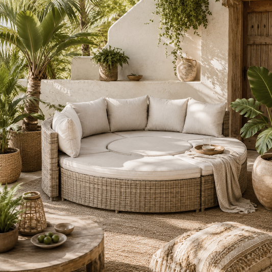 Rolipa Faux Rattan Grey 5 Piece Round Outdoor Daybed Set With Lift Up Coffee Table And Cover