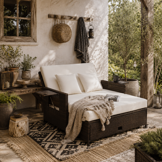 Fibadi Rattan Brown 2 Seater Outdoor Daybed Sun Lounger