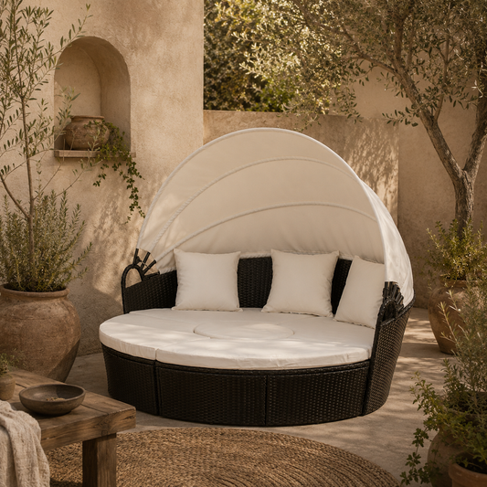 Taso Veli Rattan Black And White 5 Piece Outdoor Daybed Set With Canopy