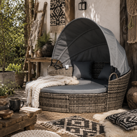 Leluri Faux Rattan Dark Grey Round Daybed Outdoor Canopy Table And Cushions