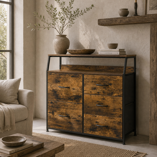 Rasozi Metal And Fabric Rustic Brown 5 Drawer Industrial Storage Chest With Shelf Shelf