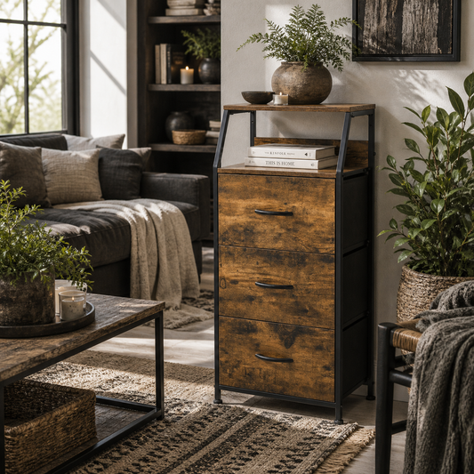 Elsuve Metal And Fabric Rustic Brown 3 Drawer Storage Chest With Display Shelf