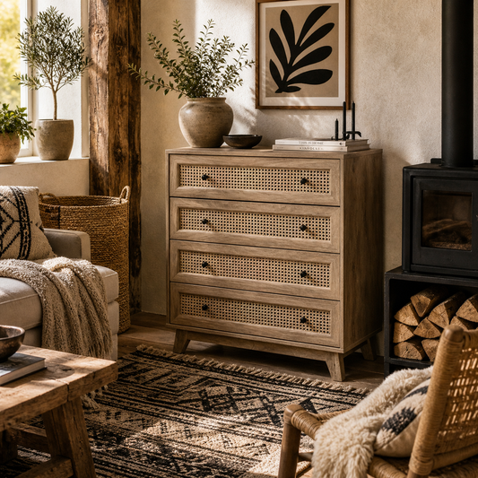 Mohetak Wood and Rattan 4 Drawer Storage Chest