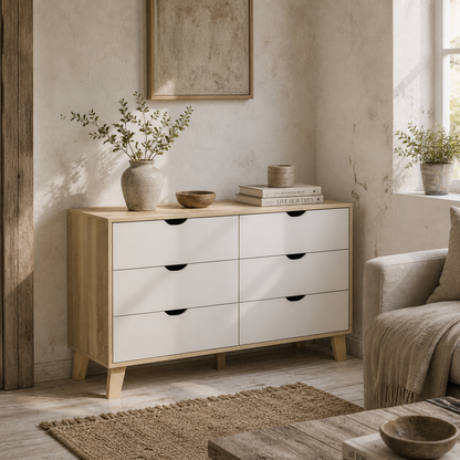 Valu Natural Wood and White Wide 6 Drawer Chest With Wooden Legs