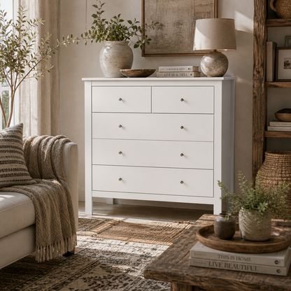 Kesumo Wooden White Wide 5 Drawer Chest For Bedroom Storage