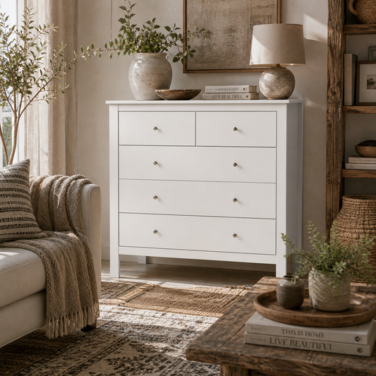 Kesumo Wooden White Wide 5 Drawer Chest For Bedroom Storage