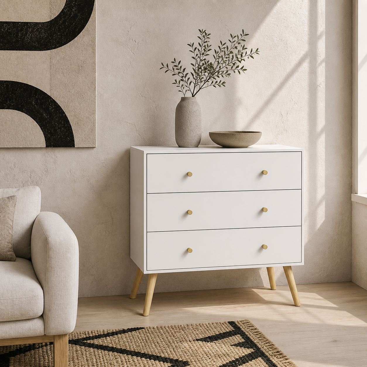 Lerosa Scandi Wooden White 3 Drawer Chest With Natural Wooden Angled Legs