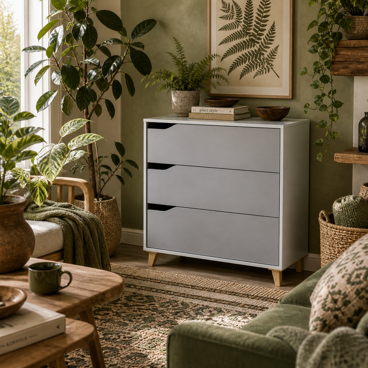Thako Wood Grey 3 Drawer Chest With Natural Wood Angled Legs