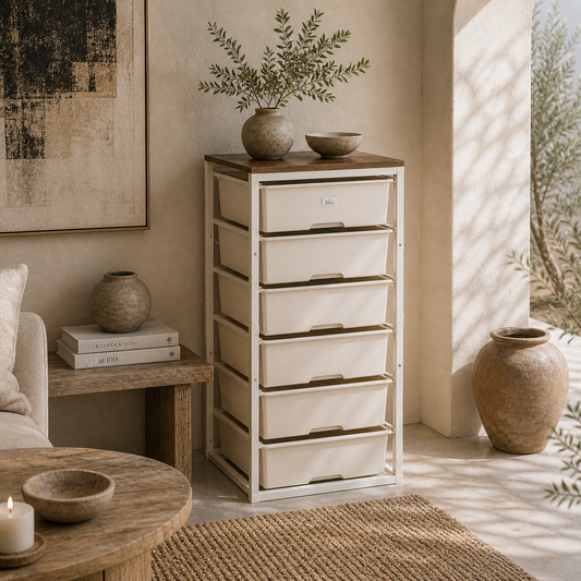Kedina Metal And Wood White Tall 6 Drawer Storage Chest With Steel Frame