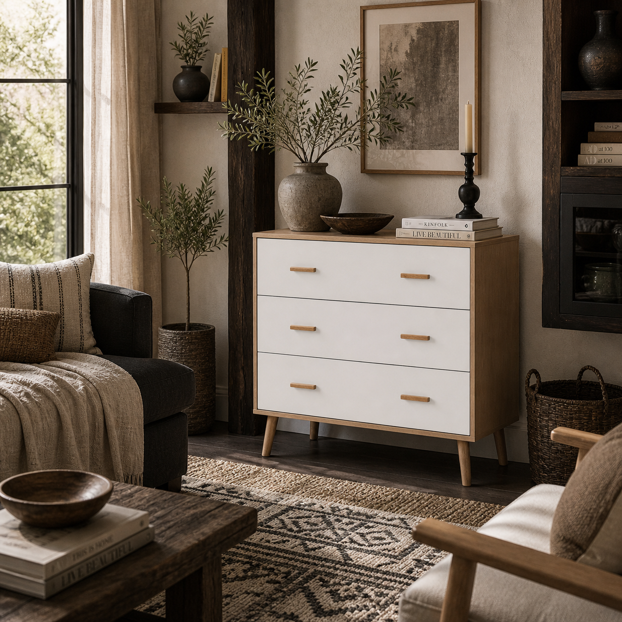 Elha Scandi White And Natural Wood 3 Drawer Storage Chest