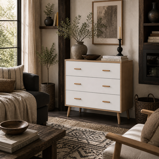 Elha Scandi White And Natural Wood 3 Drawer Storage Chest