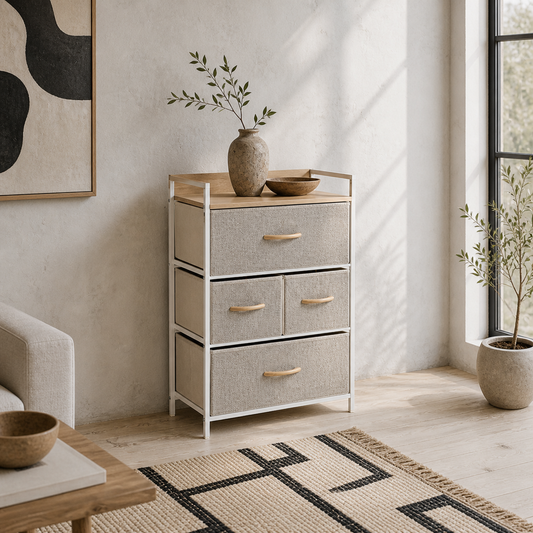 Bafadima Wooden Light Grey 4 Fabric Storage Drawers Chest With Open Shelves