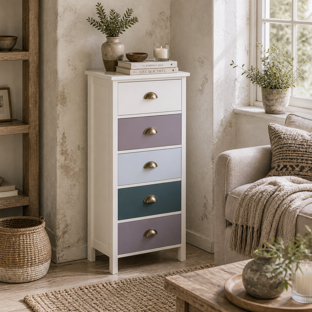 Sanido Multicolour Metal And Fabric Blue Slim 5 Drawer Storage Chest