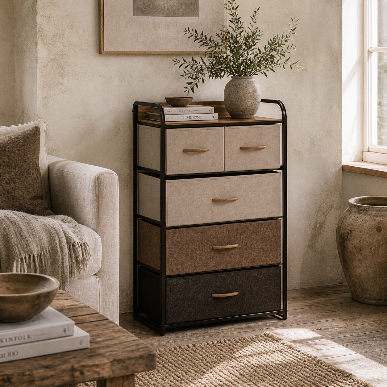 Neelvefa Metal And Wood Neutral Finish 5 Fabric Storage Drawer With Steel Frame
