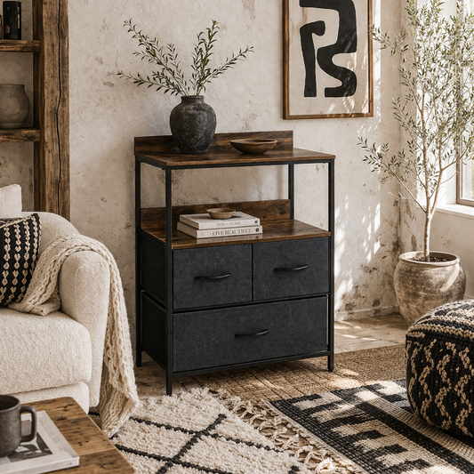 Ranotte Wooden Black 3 Fabric Drawer Storage Chest With Shelf