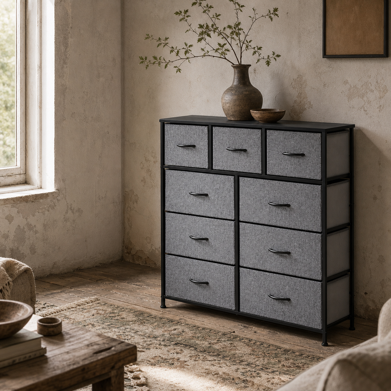 Molisa Metal And Fabric Grey 9 Fabric Drawers Storage Dresser