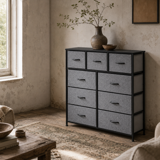 Molisa Metal And Fabric Grey 9 Fabric Drawers Storage Dresser