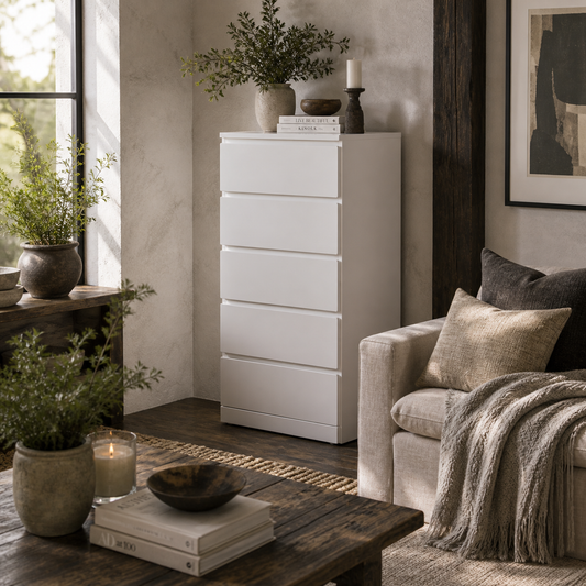Else Wooden White 5 Drawer Storage Tower Chest