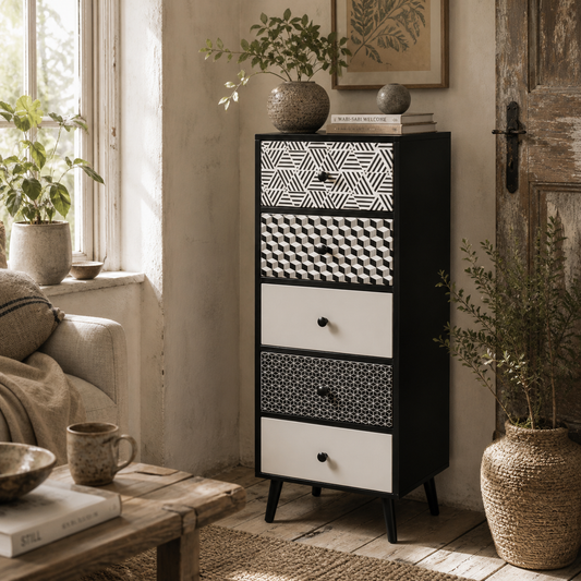 Rerora Scandi Monochrome Black and White Wooden Vertical 5 Drawer Storage Chest