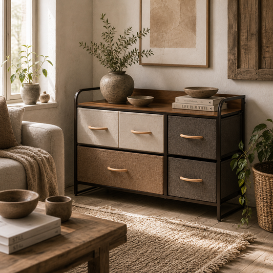 Zini Brown 5 Linen Drawers Dresser With Steel Frame And Wood Top