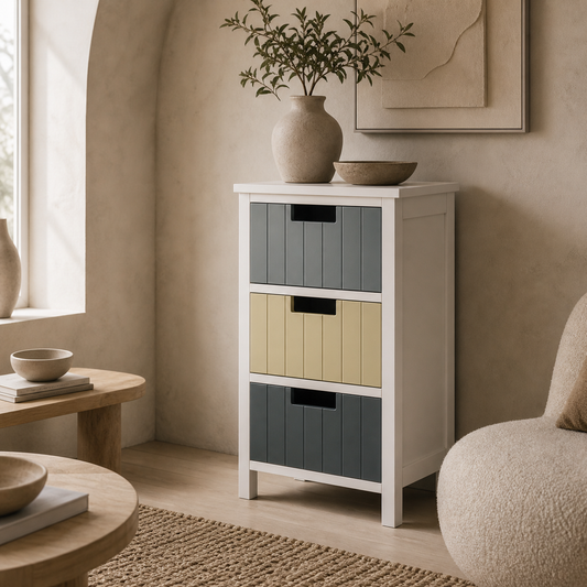 Vicoma Multicolour Wooden Neutral Finish 3 Drawer Storage Tower With Wood Top