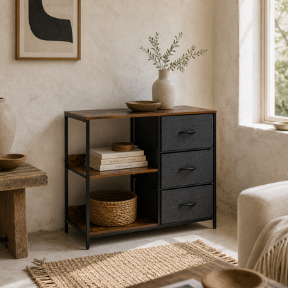 Disabapa Fabric And Wood Black Storage Chest With 3 Drawers And 2 Display Shelves