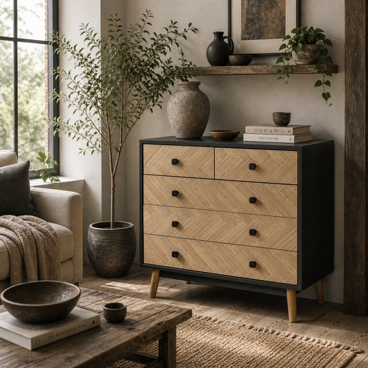 Lini Wooden Black and Natural Chevron 5 Drawer Dresser