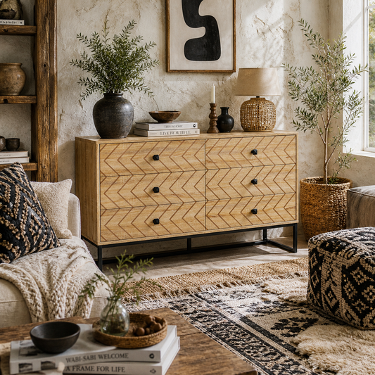 Niel Wooden Natural Chevron 6 Drawer Chest With Zigzag Black Metal Legs