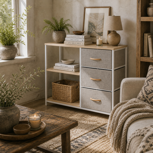 Pasaha White Metal and Natural Wood Storage Chest With 3  Grey Fabric Drawers and 2 Shelvess