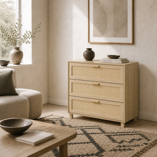 Doyo Boho Natural Rattan And Wood 3 Drawer Bedroom Chest