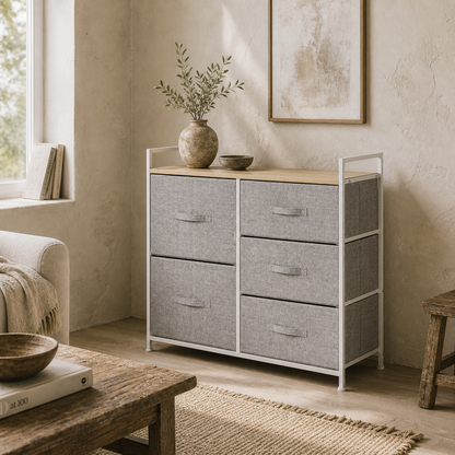 Vepapa White Metal And Grey Fabric 5 Drawer Linen Basket Storage Unit With Natural Wooden Top Shelf