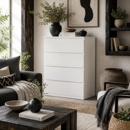 Hama Wooden White 4 Drawer Chest Of Drawers For Bedroom Storage