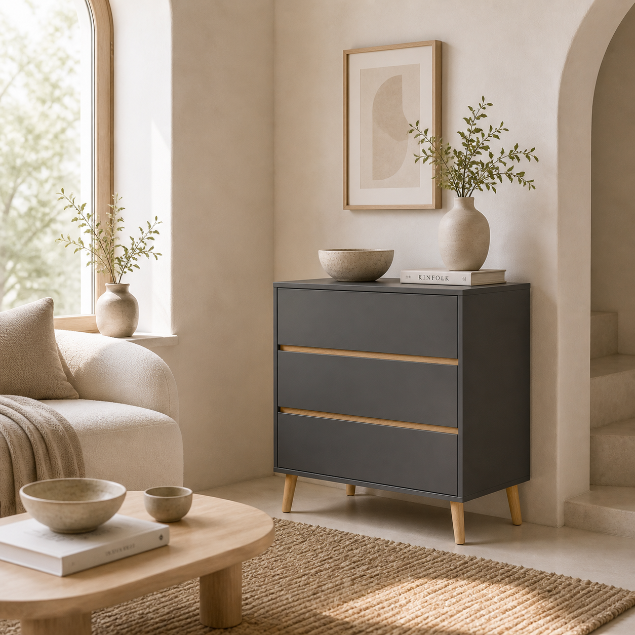 Vetasu Natural and Grey 3 Drawer Storage Chest with Wooden Angled Legs